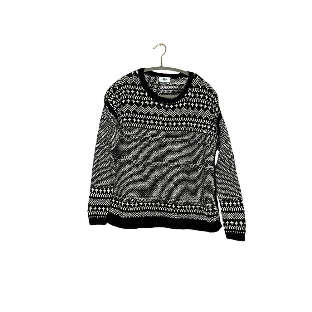 old navy women black white knit cotton jacquard sweater sz small crew neck